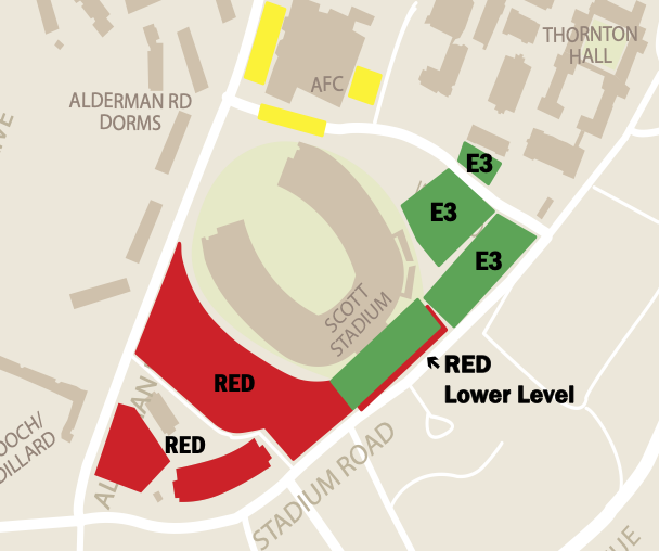 Map showing Red Permit parking locations